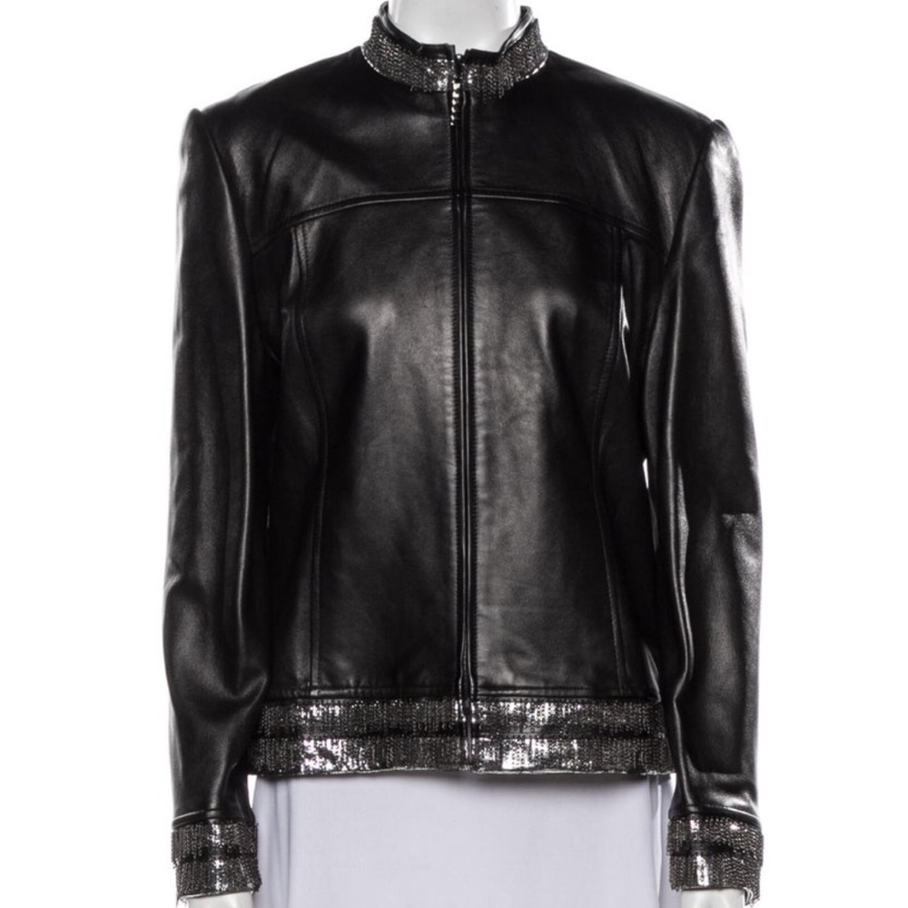 St John Women's Black Leather Jacket. Size 6